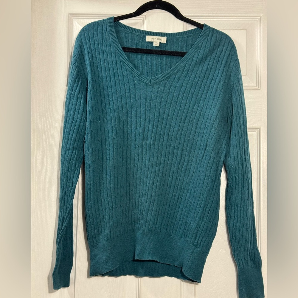 Merona Teal Cable Knit V Neck Sweater Womens XXL Lightweight